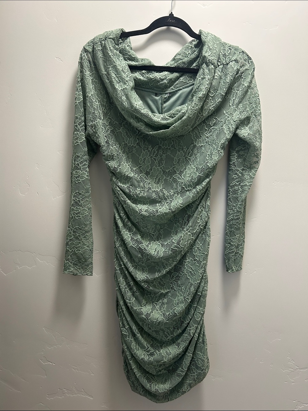 Ruched Lace Hooded Bodycon Dress in Sage Green